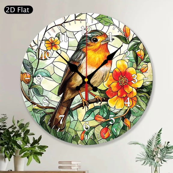 Decorative Robin Bird and Flower Wood Round Wall Clock, Living Room Decor, Bird Lover Home Decoration, Unique Memorial Gift