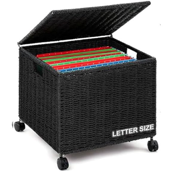 Decorative Rolling File Cabinet 14 x 12 x 11.5 in Seagrass Wicker File Box Organizer for Letter & Legal Size Handwoven Hanging Filing Basket with Lid for Folder Home Office Decor Black