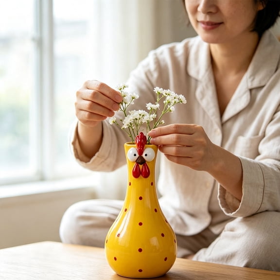 Decorative Rooster Flower Vase, Style D, colorful chicken-shaped bud vase with a playful farmhouse-inspired tabletop profile, for fresh or faux flowers, kitchen, dining table, patio