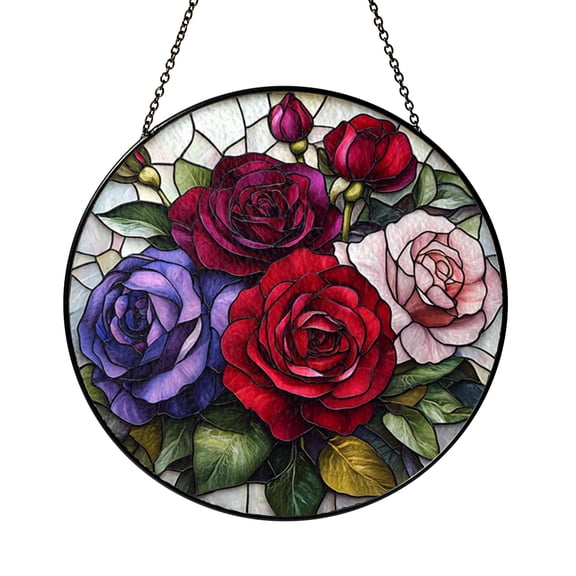 Decorative Rose Acrylic Stained Glass Style Window Hanging, Floral Art Panel, Acrylic Window Decor for Classic Botanical Home Accent