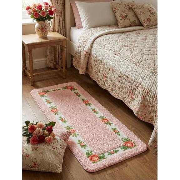 Decorative Rose Flower Area Rugs for Living Room Bedroom,Cute Bathroom Rugs Bath Mat,Super Soft Non Slip Absorbent,Floral Style Coquette Room Decor Pink 17.71 x 47.24 Inches