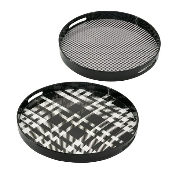 A&B Home Round Plastic Decorative Tray with Handles,Set of 2 Black and White Color Jewelry Tray for Ottoman CoffeeTable Dinning Table Kitchen Living Room