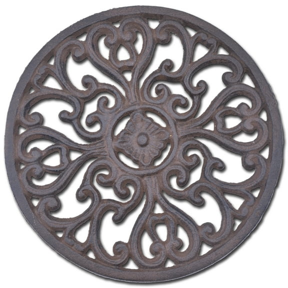 Decorative Round Cast Iron Trivet - Ornate Heart Design - 7" Wide