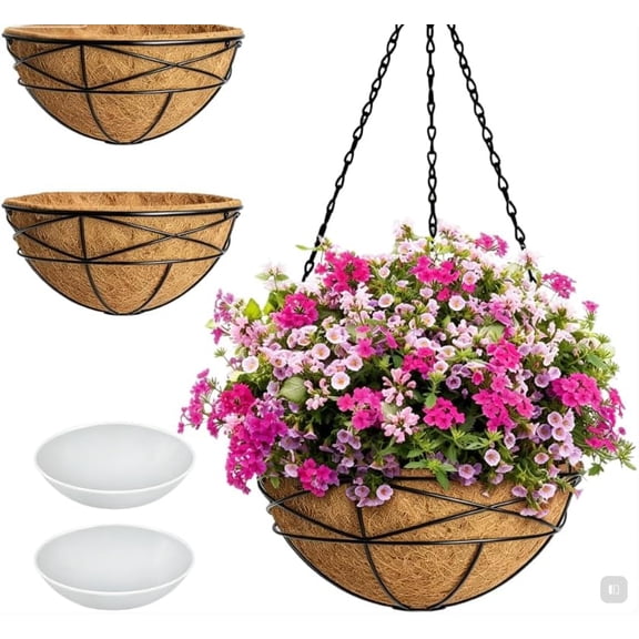 Decorative Round Hanging Flower Baskets, Metal Chain Planters Equipped with Coco Liner for Home & Outdoor Planting