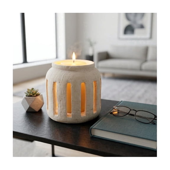Decorative Round Lantern Hurricane Candle Holder with Open Slats Design - Contemporary Pillar Candle Stand Holder for Dining Table Centerpieces - Home Decor Candle Stick Holder Accent - 8", White