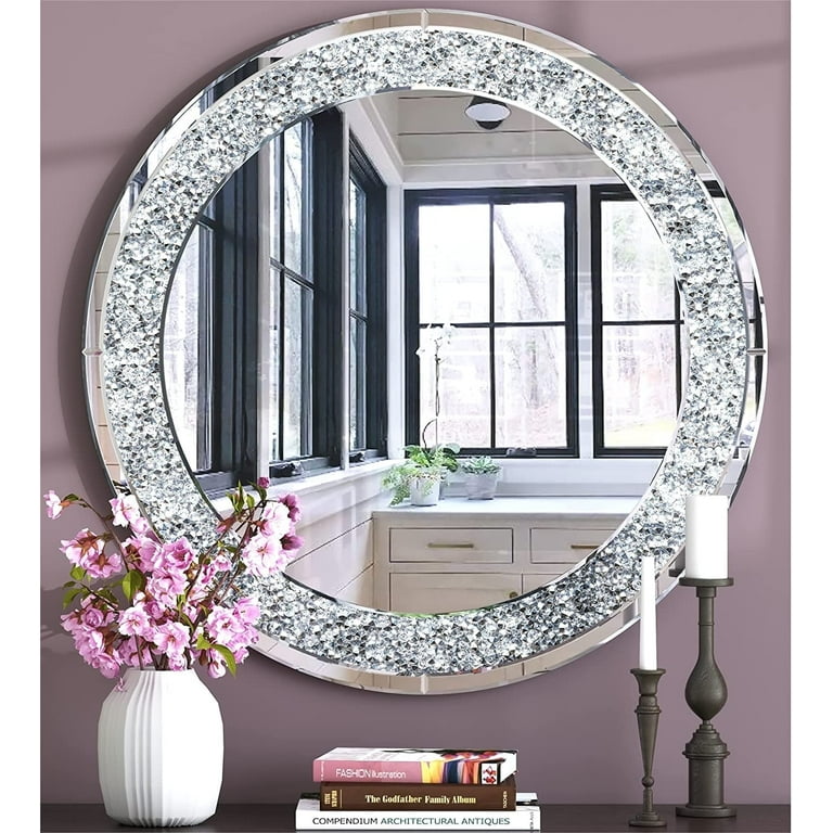 Silver 31.5 in. W x 31.5 in. H Modern Round Crushed Diamond Wall Mirror