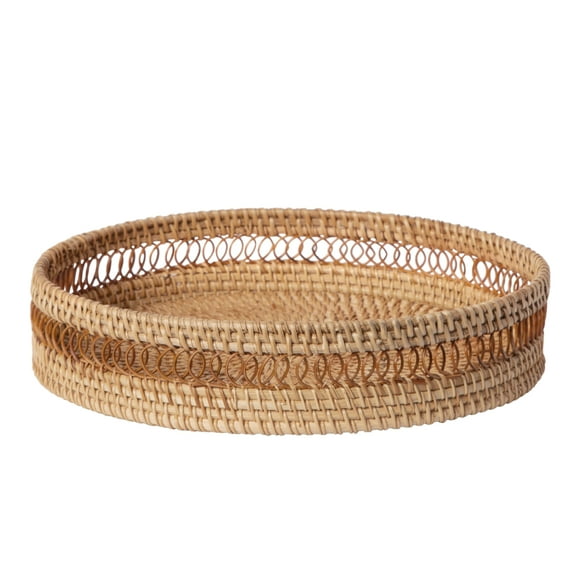 Decorative Round Rattan Tray - Hand Woven Serving Basket, Ottoman, Ideal for Coffee Table, Breakfast, Drinks, Snack, Centerpiece, Fruit, Bread, Stylish Serving Home Decoration
