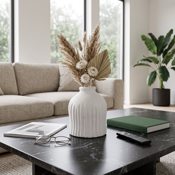 Sagebrook Home Round Terracotta Ridged Vase for Living Room Decor - Contemporary Flower Vase for Home, Bedroom, and Kitchen Display - 9", White