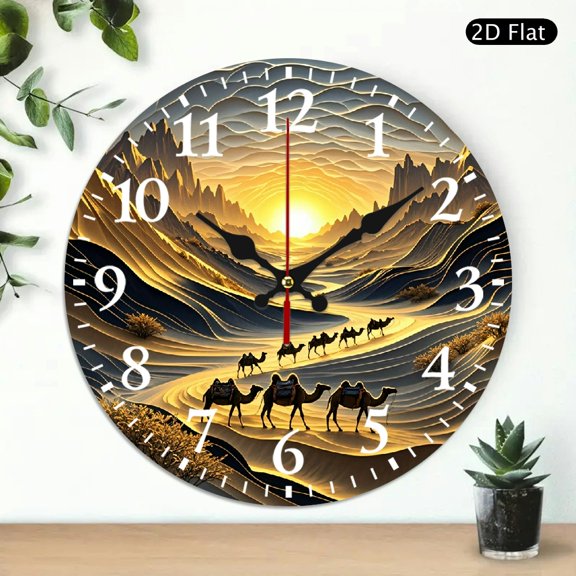 Decorative Round Wall Clock Desert Camel Caravan Scene, 10x10 Inch Analog Timepiece for Home Decor, Battery Not Included, 1pc