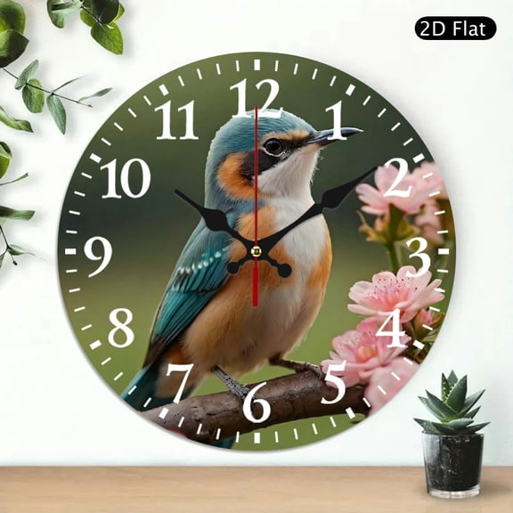 Decorative Round Wall Clock Featuring Bird And Floral Print Design, Silent Non Ticking Quartz Clock For Home Office Decor, 10x10 Inch, 1pc, Battery Not Included