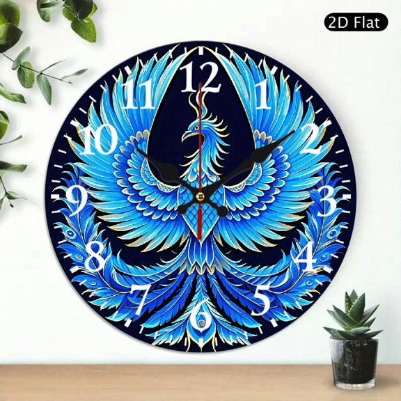 Decorative Round Wall Clock Featuring Blue Phoenix Bird Art 10x10 Inch Silent Quartz Clock for Home Office Decor 1pc Battery Not Included