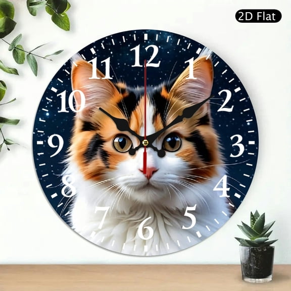 Decorative Round Wall Clock Featuring Calico Cat Design Starry Night Background 10x10 Inch 1pc Battery Not Included