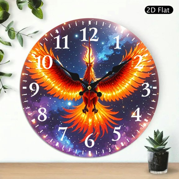 Decorative Round Wall Clock Featuring Flaming Phoenix Bird Galaxy Pattern 10x10 Inch 1pc Battery Not Included