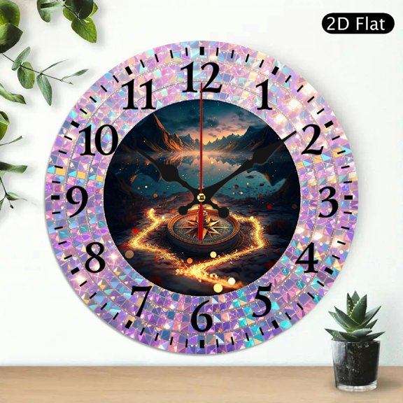 Decorative Round Wall Clock Featuring Magical Compass and Glowing Fantasy Landscape Art, 10x10 Inch, 1pc, Battery Not Included
