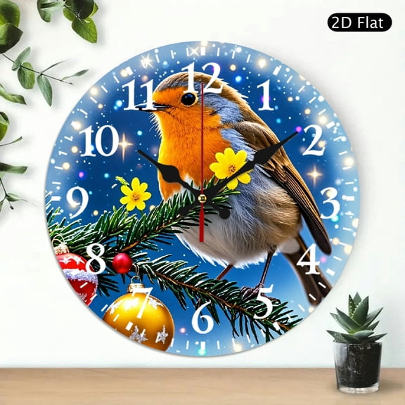 Decorative Round Wall Clock Featuring Robin Bird And Christmas Ornaments Pattern, Silent Battery Operated Timepiece For Home Decor, 10x10 Inch, 1pc, Battery Not Included