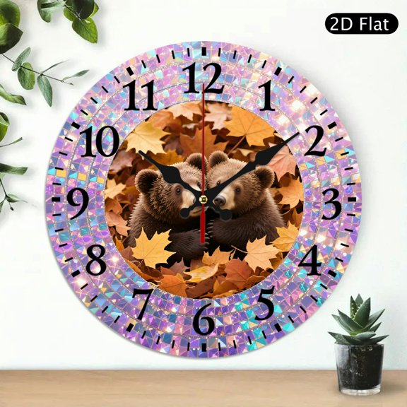 Decorative Round Wall Clock Featuring Two Bear Cubs In Autumn Leaves With Iridescent Mosaic Border, 10x10 Inch, 1pc, Battery Not Included
