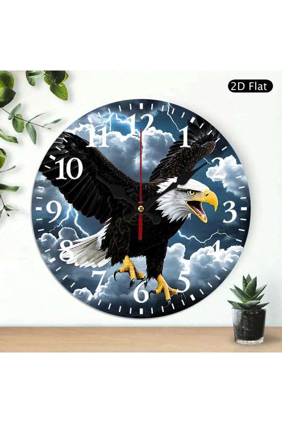 Decorative Round Wall Clock With Flying Eagle And Lightning Storm Pattern, Silent Non Ticking Quartz Clock For Home Office, 10x10 Inch, 1pc, Battery Not Included