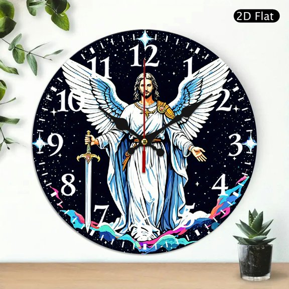 Decorative Round Wall Clock Religious Angel Holding Sword Design 10x10 Inch 1pc Battery Not Included