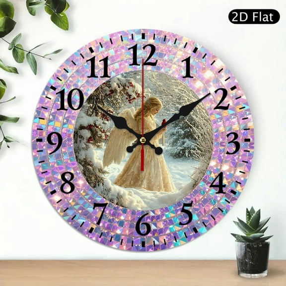 Decorative Round Wall Clock Winter Angel Motif with Mosaic Border 10x10 Inch 1pc Battery Not Included
