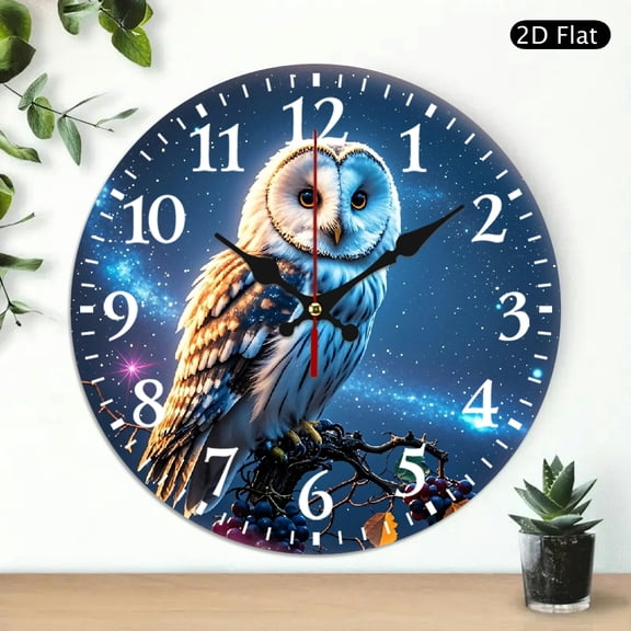 Decorative Round Wall Clock With Wise Owl In Starry Night Sky Design, 10x10 Inch, Silent Non-Ticking Battery Operated Clock For Home Decor, 1pc, Battery Not Included