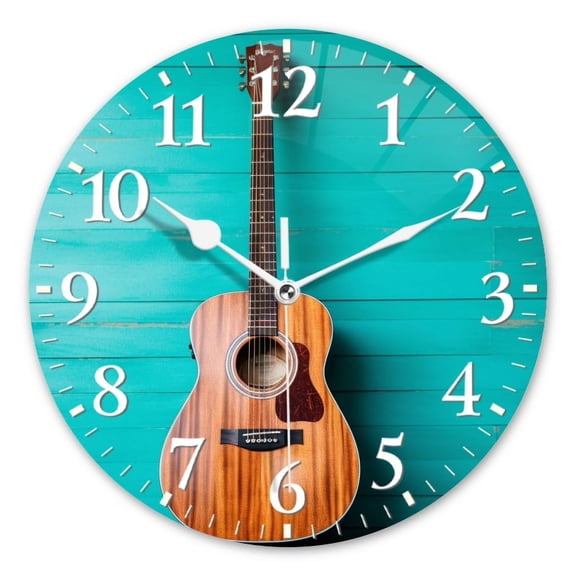 Decorative Round Wall Clocks Non-Ticking Silent Battery Operated Clocks with Photo for Bedroom,Living Room-Acoustic Guitar Leaning Against Aqua Blue Wall(10inch)