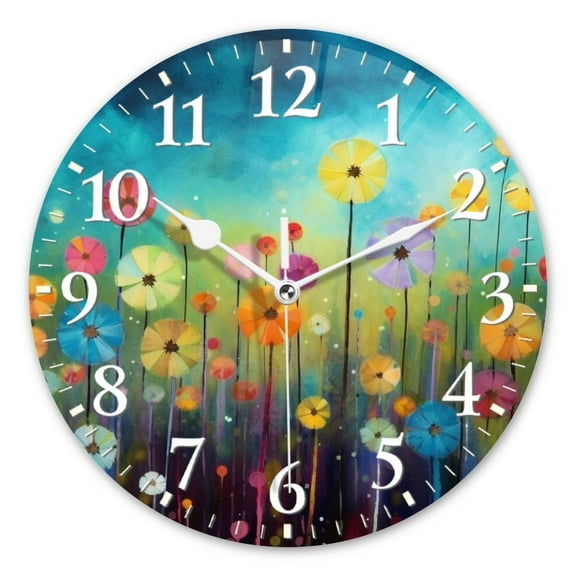 Decorative Round Wall Clocks Non-Ticking Silent Battery Operated Clocks with Photo for Bedroom,Living Room-Field Of Wildflowers Painted In Vibrant Colors(14inch)