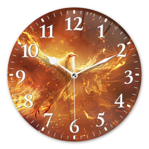 Decorative Round Wall Clocks Non-Ticking Silent Battery Operated Clocks with Photo for Bedroom,Living Room-Phoenix Rising From The Ashes With Golden Fire Surrounding(10inch)