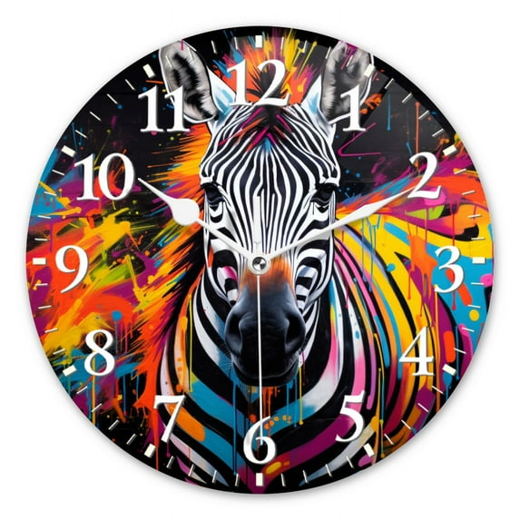 Decorative Round Wall Clocks Non-Ticking Silent Battery Operated Clocks with Photo for Bedroom,Living Room-Street Art Graffiti Of Zebra With Vibrant Pop Colors(10inch)