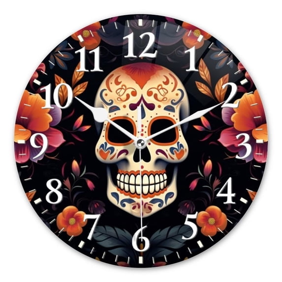 Non-Ticking Silent Wall Clocks Battery Operated Personalized Decor Clock for Living Room,Bedroom-Dead Skull With Flowers(10inch)