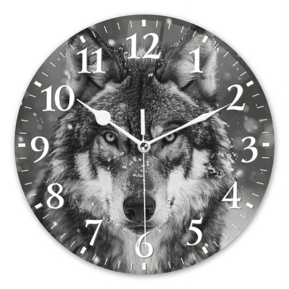 Decorative Round Wall Clocks Non-Ticking Silent Battery Operated Clocks with Photo for Bedroom,Living Room-Majestic Wolf In The Snow(10inch)