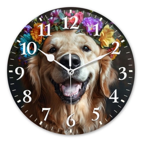 Non-Ticking Silent Wall Clocks Battery Operated Personalized Decor Clock for Living Room,Bedroom-Golden Retriever Dog With Colorful Flower Wreath On Head(12inch)