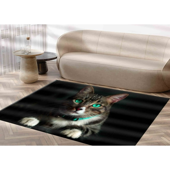 Decorative Rugs, Green Eyed Cat Rug, Animal Rugs, Personalized Rug, Farmhouse Rug, Cat Rug, Thick Rug, Bath Rug, Black Rug, Home Decor, 2'x3' - 60x90 cm