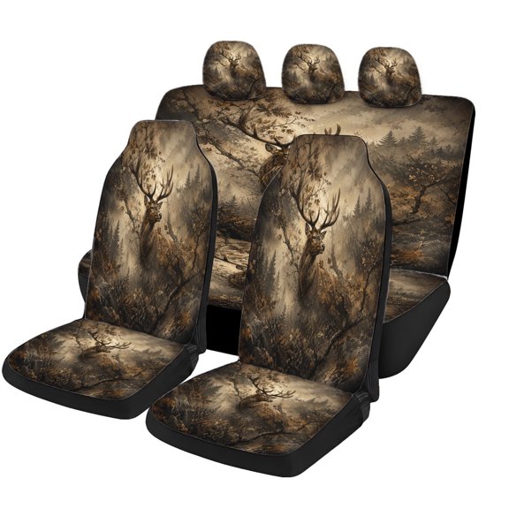 Decorative Rustic Deer Forest Car Seat Covers Full Set, Universal Auto Seat Covers with Front Seat Covers, Rear Bench Cover and Headrest Covers for Cars SUVs Trucks Vans