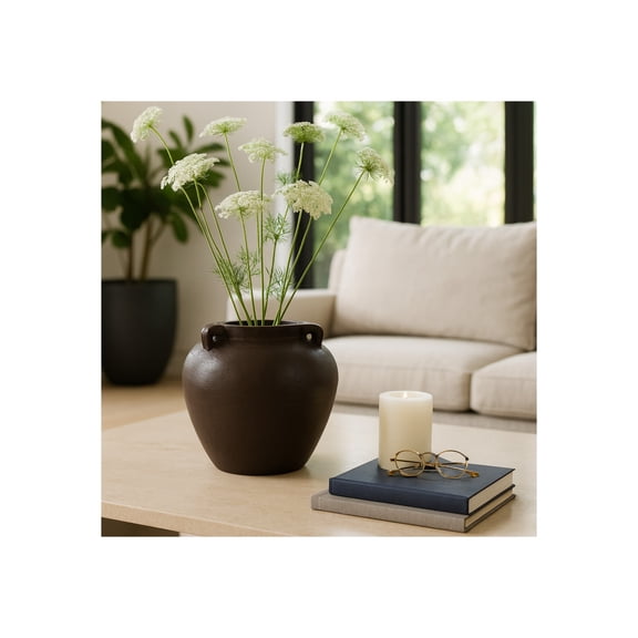 Decorative Rustic Textured Vase with Handles - Perfect Flower Vase for Living Room, Bedroom, Office, and Room Decor - Stylish House Decor Ideal for Table and Centerpiece Display - 13", Brown