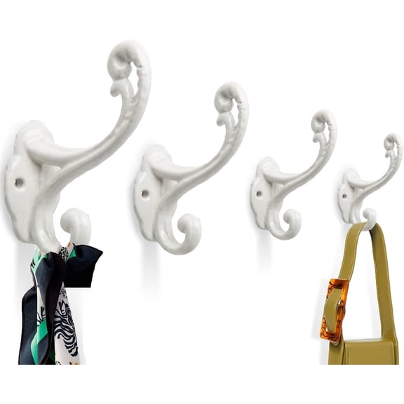 Comfify Decorative Rustic Wall Hooks Shabby Chic Set of 4 Wall Mounted for Coats, Bags, Towels and More Vintage Hooks for Farmhouse Decor - Sturdy, Cast Iron in Rustic White Color