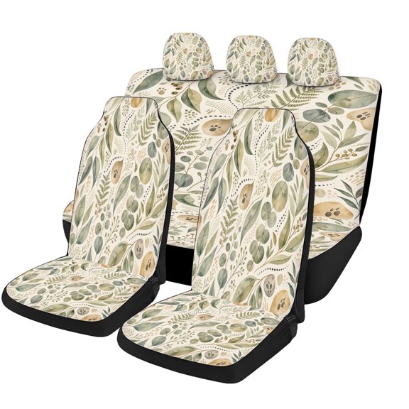 Decorative Sage Botanical Leaf Car Seat Covers Full Set, Universal Auto Seat Covers with Front Seat Covers, Rear Bench Cover and Headrest Covers for Cars SUVs Trucks Vans