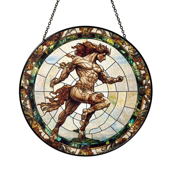 Decorative Sagittarius Zodiac Stained Glass Window Hanging with Symbolic Arrow Design and Cosmic Balance