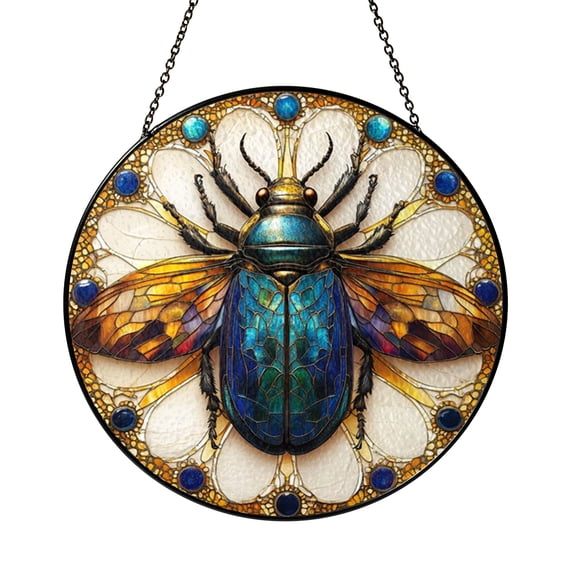 Decorative Scarab Beetle Stained Glass Window Art, Insect Theme Hanging Ornament, Unique Nature Lover Gift
