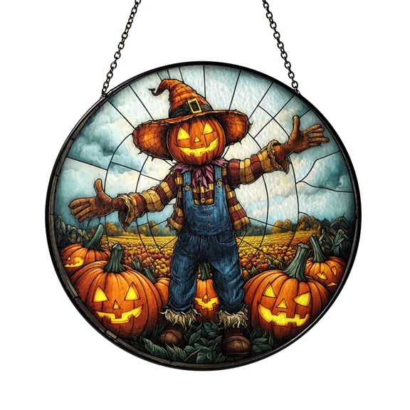 Decorative Scarecrow Pumpkin Patch Stained Glass Style Suncatcher Window Hanging, Autumn Glass Panel Art Window Ornament Seasonal Decor