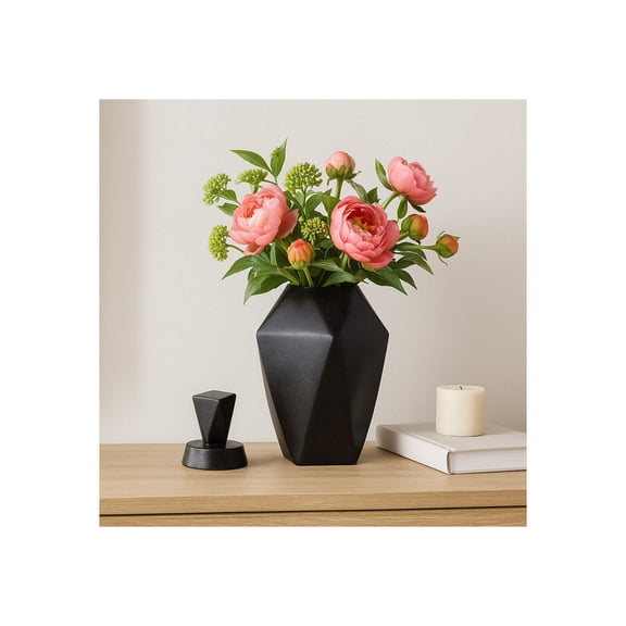 Decorative Sculptural Ceramic Jar with Lid for Living Room Decor - Elegant Home Decor Accent for Bedroom, Office Desk, or Console Table Decor - Versatile Flower Vase for House Decoration - 19", Black