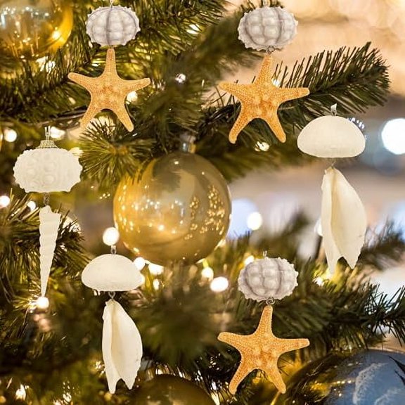 Decorative Sea Shell Ornaments, Set of 6, Hanging Shells for Christmas Tree and Home Decor