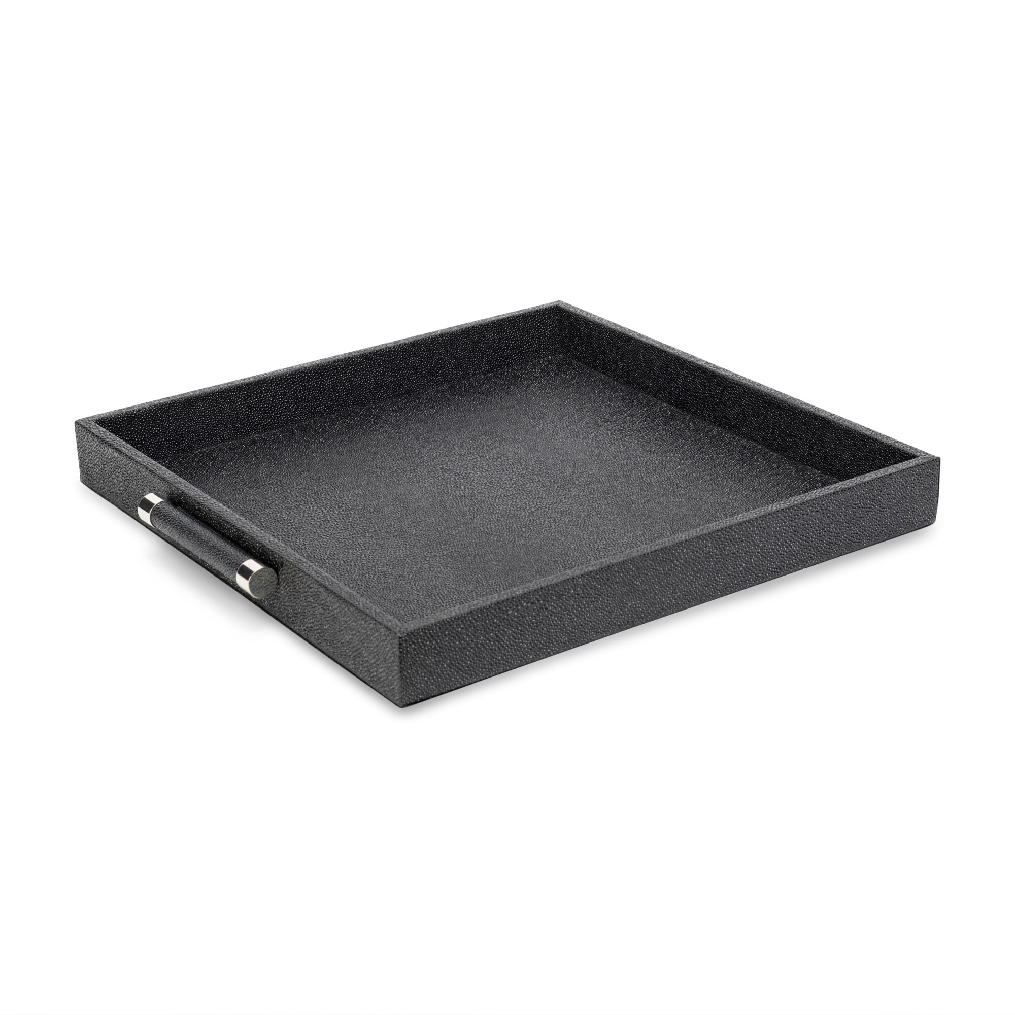 Black Shagreen Square Decorative Serving Tray with Silver Handles