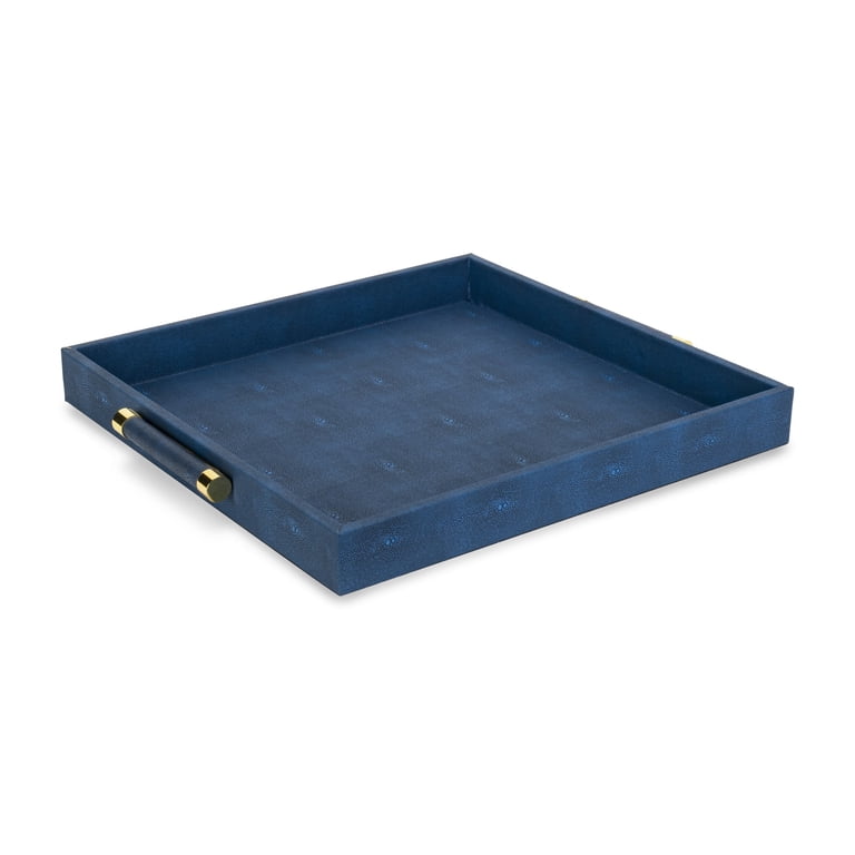Decorative Serving Tray-Faux Leather Navy Shagreen Square with