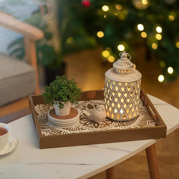 Decorative Serving Tray with Handles Floral Wooden Coffee Table Tray for Ottoman Centerpiece Decor Rectangular Rustic Boho Wood for Living Room Counter, Brown