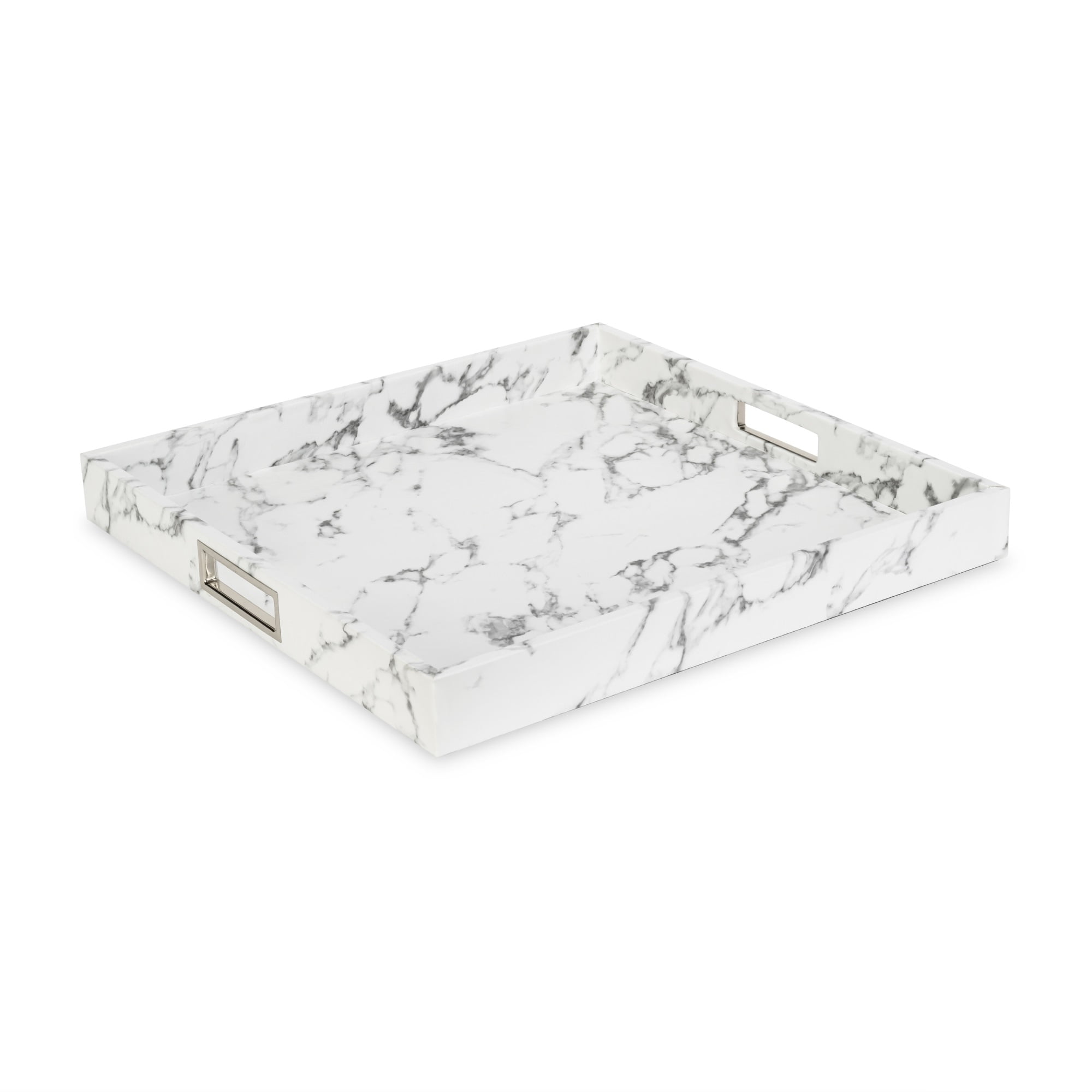 Decorative Serving Tray Marble Square Stainless Steel Silver Handles 18.11in. X 18.11in. X 1
