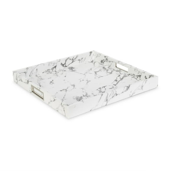 Decorative Serving Tray Marble Square Stainless Steel Silver Handles 18.11in. X 18.11in. X 1.96in Polyurethane