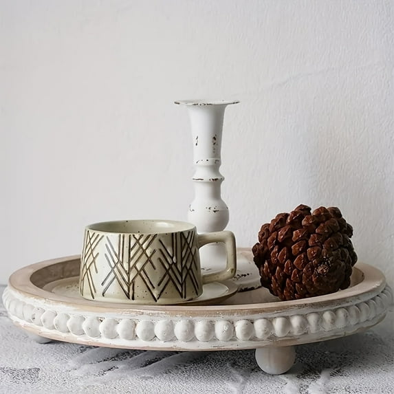 FZBCTLDZ 12in Round Wooden Serving Tray with Beaded Rim, Distressed White Farmhouse Decor for Coffee Table & Kitchen Table