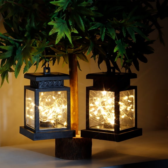 2-Pack Solar Lantern Lights Outdoor Waterproof Solar Powered Table Lamp Hanging Lighting with Warm LED Fairy String Lights for Patio Garden Landscape Decoration Yard Lawn(with Clamp)