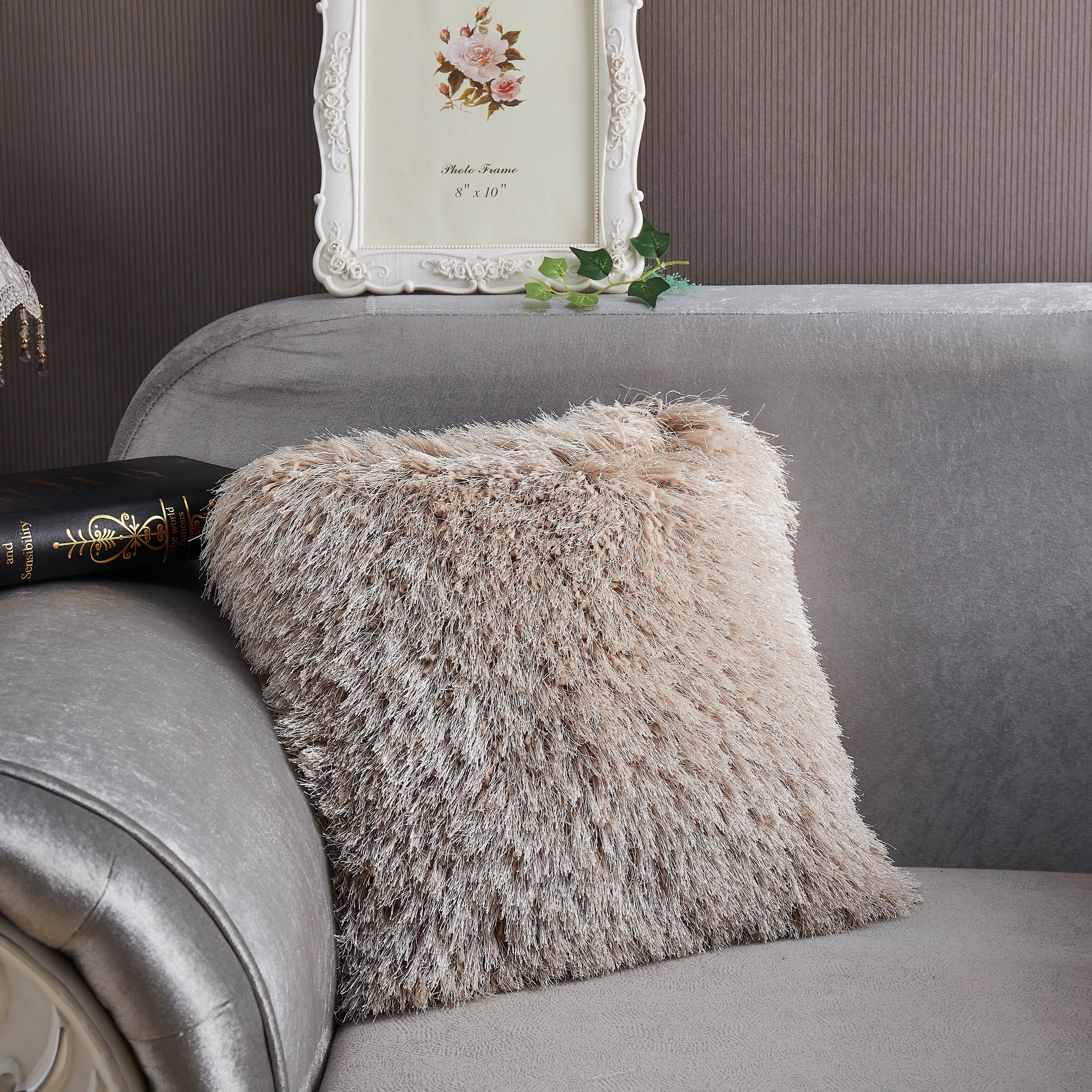 18" Beige Shaggy Hand Tufted Polyester Throw Pillow