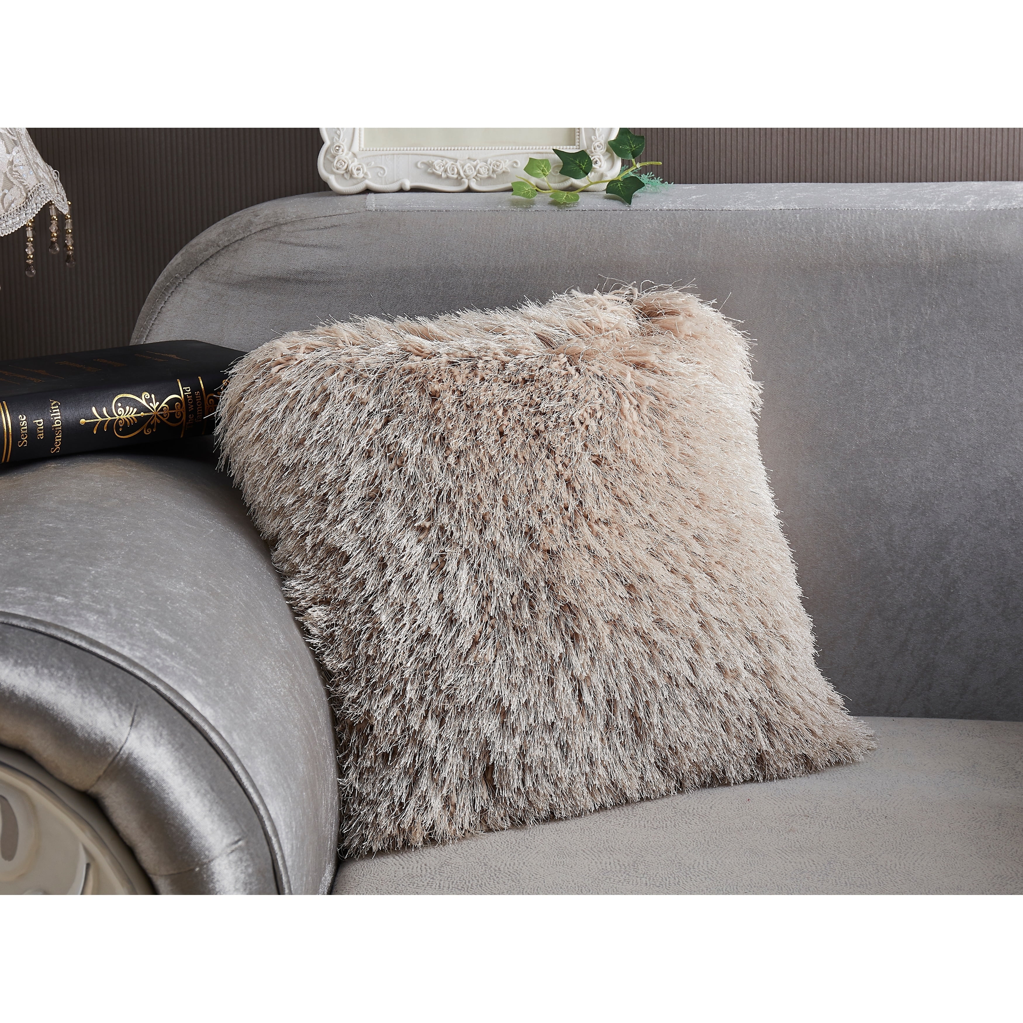 Beige Shaggy Square Pillow with Lurex Accents, 18x18